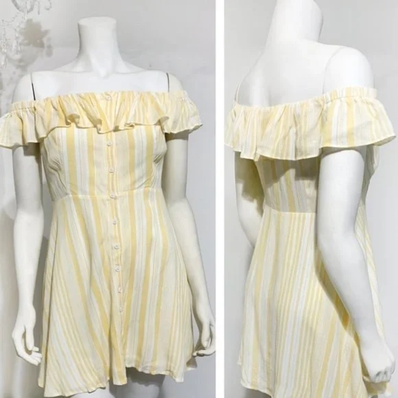 impeccable pig yellow striped a-line off the shoulder belle inspired dress - Picture 2 of 7